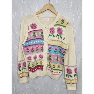 Savida Womens Large Floral Knit Cardigan Sweater Cottagecore Romantic Button